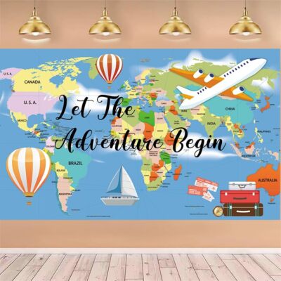 Adventure Awaits Backdrop Banner 70.8x43.3in World Map Party Photo Prop