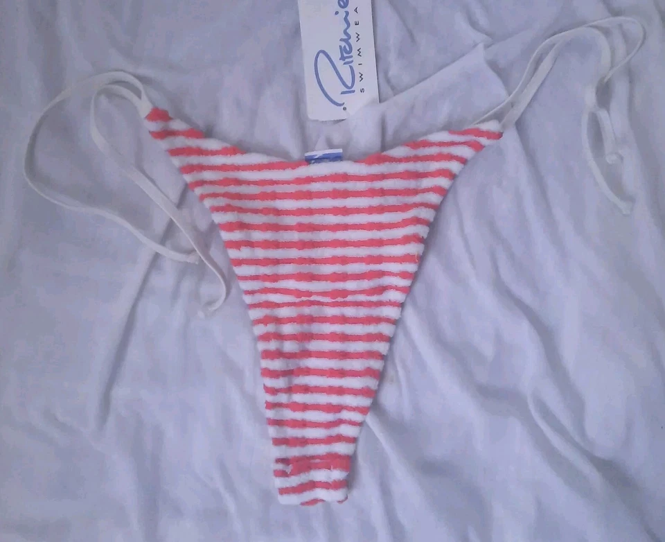 NWT RITCHIE Swimwear 11/12 Y2K Terrycloth Thong Bikini Bottom Rose Stripe - Image 2 of 4