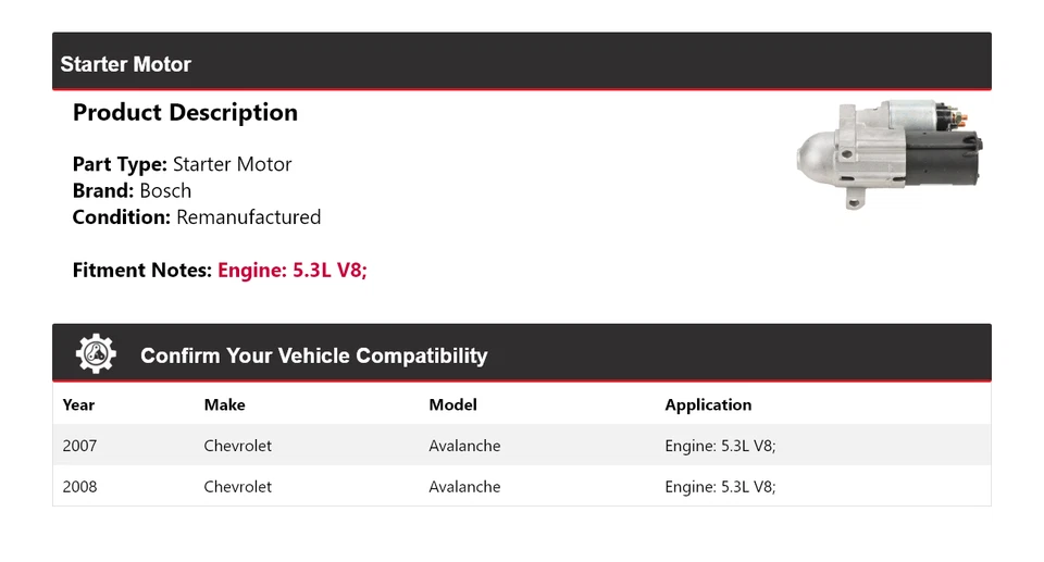 Para 2007-2008 Chevrolet Avalanche 5.3L V8 Bosch Starter (Remanufaturado) - Imagem 2 de 4