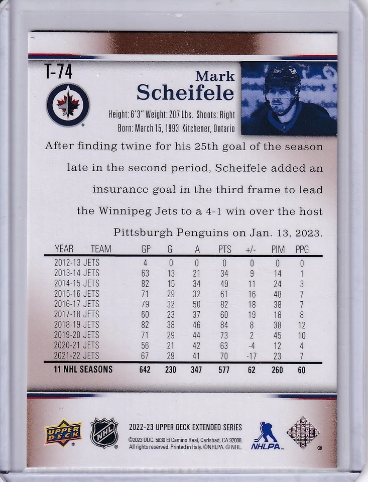 Mark Scheifele, Winnipeg Jets 2022-23 Extended Series Retro #T-74 - Image 2 of 2