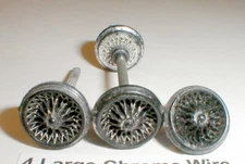 4 Large Black Chrome Slot Car Wire Wheels + 2 Axles  1964 Strombecker Used