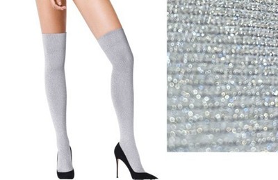 Wonderful Wolford JOAN Over Knee Socks Arctic Grey / Lurex SILVER M 80 denier