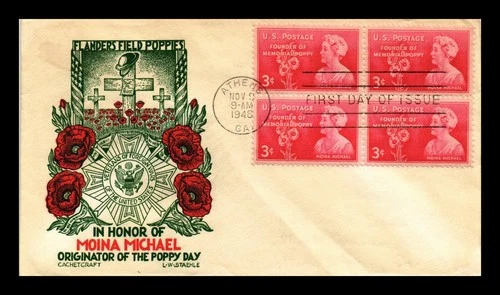 MOINA MICHAEL POPPY DAY FDC SCOTT 977 BLOCK OF 4 CACHET CRAFT US COVER ADDRESSED