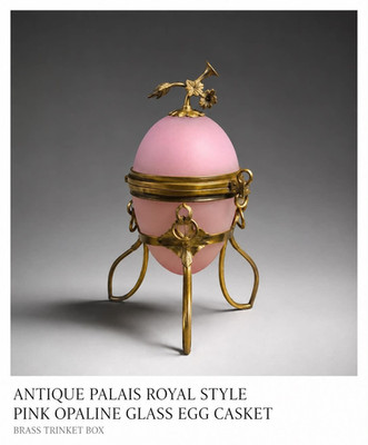 Antique Palais Royal Style Pink Opaline Glass Egg Casket Brass Trinket Box