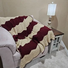 Handmade Crochet Ripple Afghan Burgundy Cream Chevron Throw Blanket 51 x 57