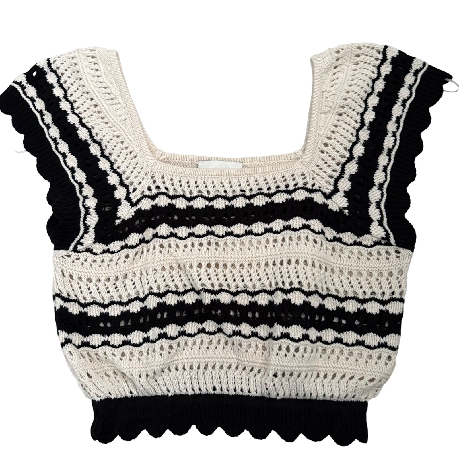 Freshman 1996 Crochet Knit Crop Top Black Cream Striped Scalloped Hem Medium