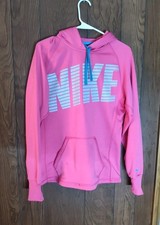 Nike Therma-FIT Hoodie Womens Small Pink Pullover Fleece Big Logo FLAWS READ