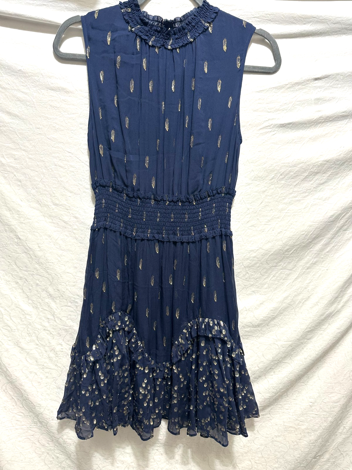 Rebecca Taylor Size 4 Navy Blue & Gold Tiered Ruffle Sleeveless Silk Mini Dress