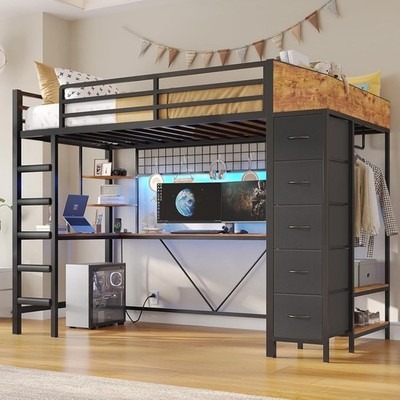 Twin Size Loft Bed with Hall Tree & L-Shaped Desk LED Metal Loft Bed w/5 Drawers