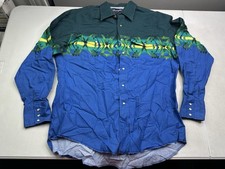Vintage Wrangler Western Shirt Mens Sz Large Blue Green Aztec Pearl Snap