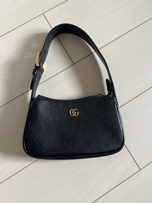 GUCCI Aphrodite Small Black GG Leather Shoulder Bag Gold Auth
