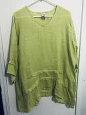 Match Point USA Citron Green Lagenlook Linen Tunic Top Blouse Sz M Oversized