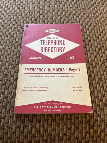 Vtg 1962 Dow Chemical Co. Telephone Directory, Midland, MI, 9” X 6”