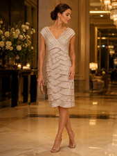 Adrianna Papell Champagne Ruched Tiered Cocktail Dress Sheath Wedding Guest 6