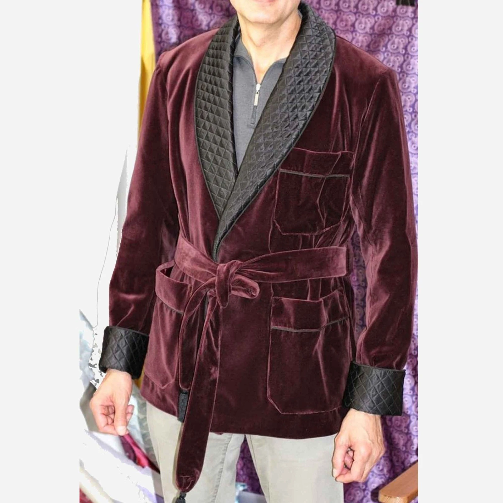 Men's Quilted Maroon Velvet Smoking Blazer Evening Party Wear Dinner Coat