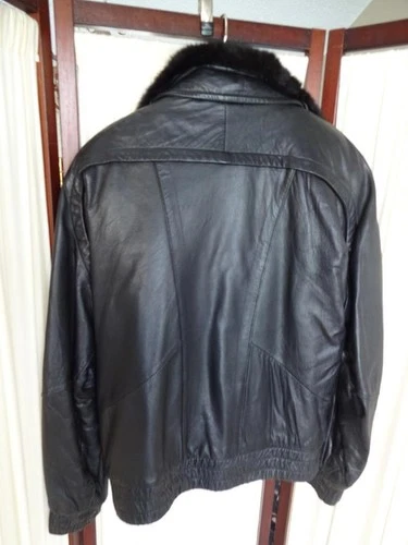 VINTAGE ANDREW MARC BLACK LEATHER THICK GENUINE FUR LINED/COLLAR BOMBER JACKET S image 10
