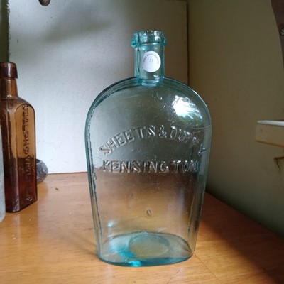 1860 SHEETS & DUFFY KENSINGTON SCARCE QUART STRAP SIDE GLASSHOUSE WHISKEY FLASK
