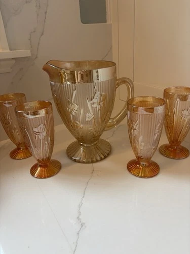 Jeanette Iris & Herringbone Marigold Pitcher & 4 Iced Tea Glasses Carnival Glass