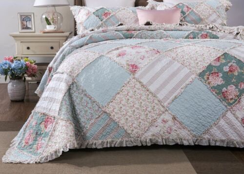 DaDa Bettwäsche Cottage neuwertig Blumenmuster Pastell Baumwolle Patchwork Tagesdecke Steppdecke Set - Bild 12 von 16