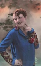 CP WOMEN'S SHORT HAIR MAKEUP RED-LIPPED BLUE BLOUSE - LEAF BACKGROUND