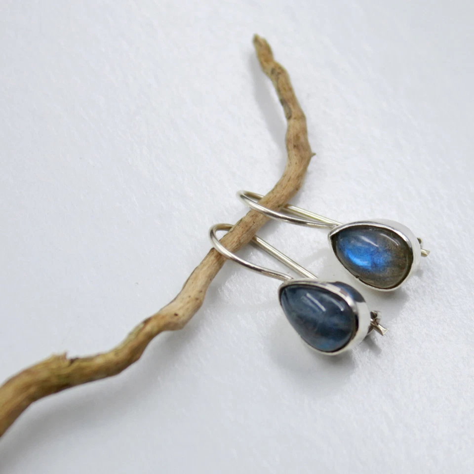 Labratorite Orecchini Pendenti Argento Sterling 925 Gocce Moderno Cabochon Hv - Immagine 4 di 4