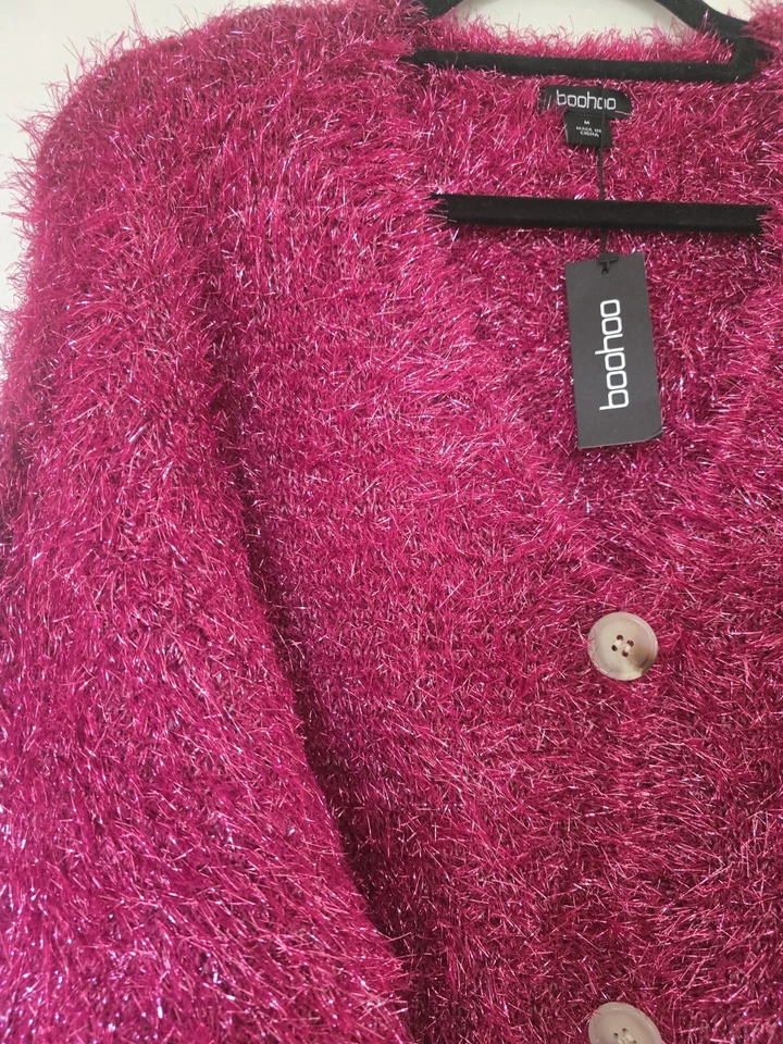 BOOHOO женщин M длинные волосы металлический розовый вязаный кардиган новый с ярлыками - Изображение 2 из 4