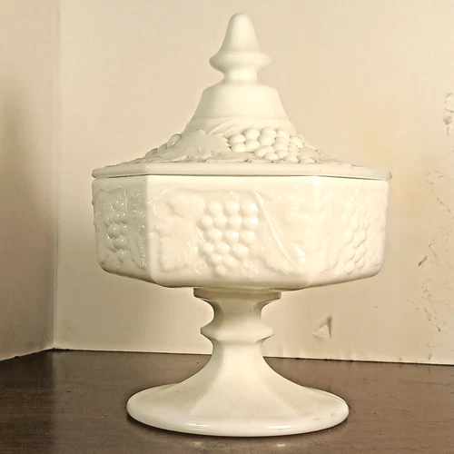 Vintage Imperial Milk Glass Candy Dish – Hexagon Grape Pattern with Lid – MCM