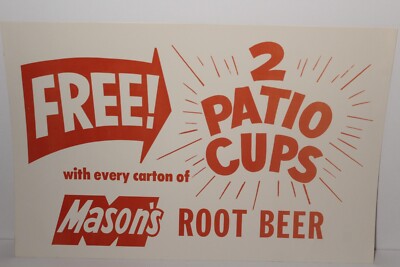 1960s Old Vintage Mason's Root Beer Advertising Sign Soda Sign 2 Patio Cups Free