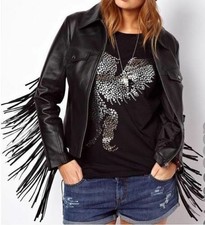 Women Western Cowhide Leather Wear Cow-lady Fringe Vintage Jacket 1980's Style