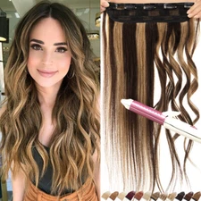 THICK Clip In Real Remy Human Hair Extensions 3/4 Full Head One Piece Weft