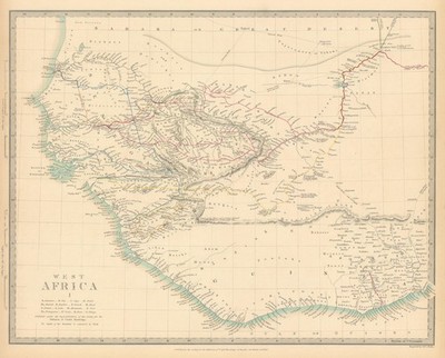 WESTAFRIKA zeigt frühe Entdeckerrouten & Berge von Kong. SDUK 1844 Karte