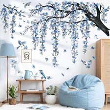 Large Blue Flower Branch Wall Decals Watercolor Cherry Blossom Tree Floral Bi...