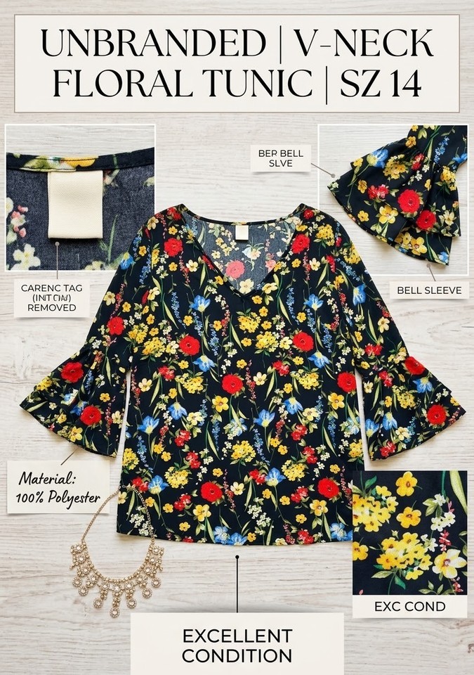Womens Sz14 Black Multicolour Floral Tunic Blouse V Neck 3/4 Bell Sleeve