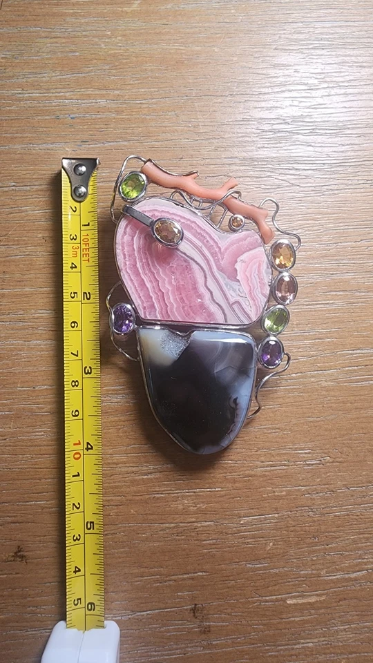 Colgante artesanal gigante de plata de ley - rodocrosita, coral, amatista, peridoto... Foto 2 de 4