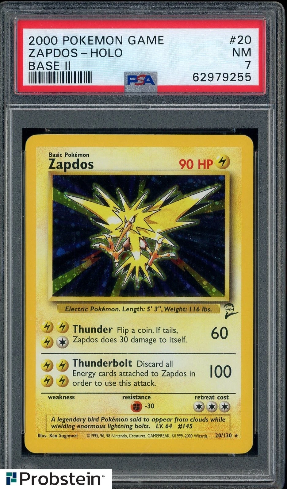 2000 Pokemon Game #20 Zapdos Base II Holo PSA 7 NM