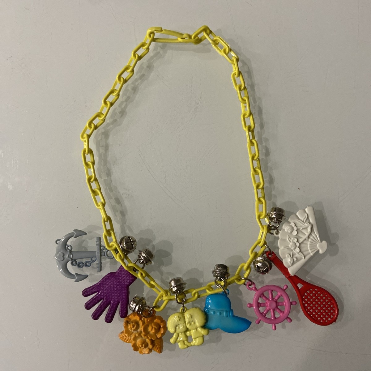 Charm Necklace With 8 Charms Vintage 80s Clip Bell Charms, Yellow