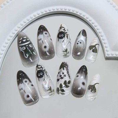 24pcs Medium Long Almond Press on Nails Japanese Mori Style Hand Painted Cartoon