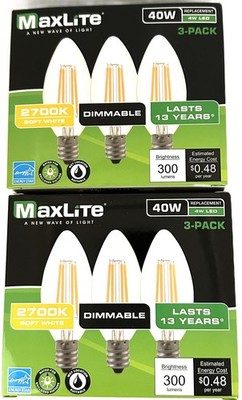 Maxlite LED Filament 40W B10 Bulbs 2700K DIM 6-Pack Soft White