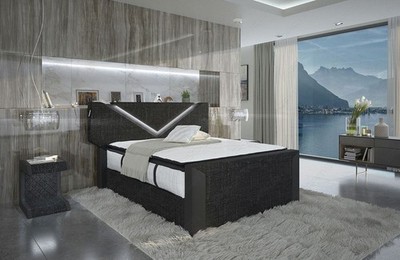 Polster Boxspringbett Polsterstoff Bett LED Beleuchtung LYON Modern USB Matratze