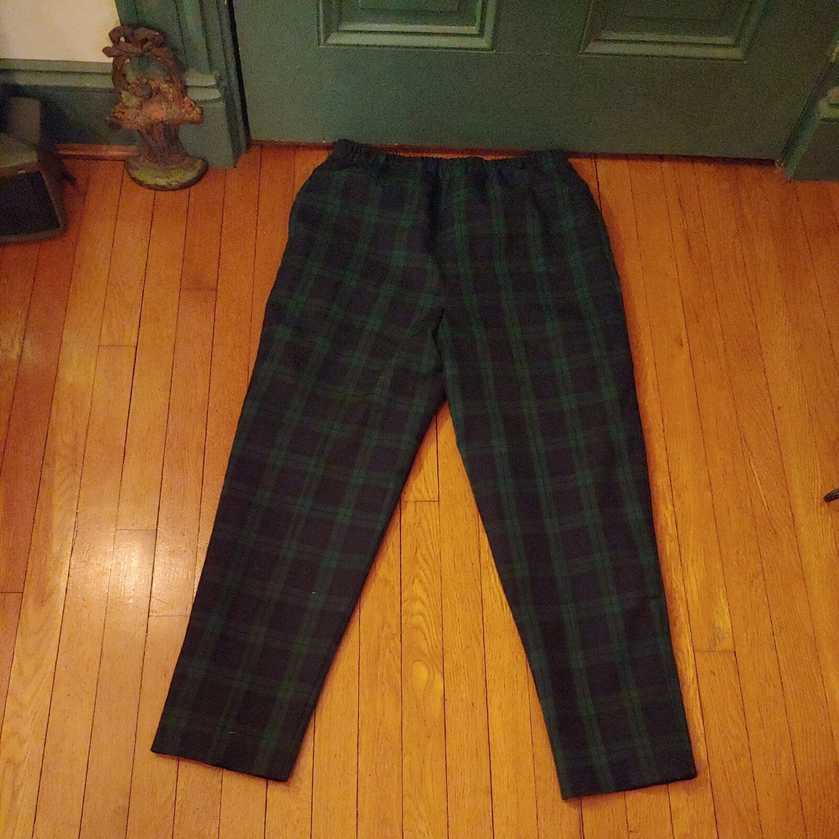 NICE VTG Women s Orvis Polyester Rayon Blue Green Plaid Pants Satin Lined 12