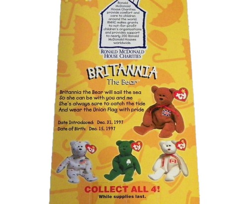 McDonalds Ty Beanie Babies Britannia Bear 1999 Retired Internation Plüsch Fehler - Bild 7 von 10
