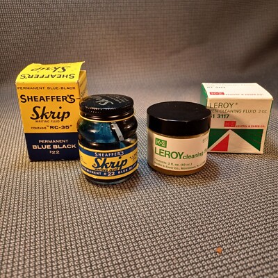 Vintage Skrip Writing Fluid #22- 2oz 40% full/LeroyCleaning Fluid 2oz  Empty