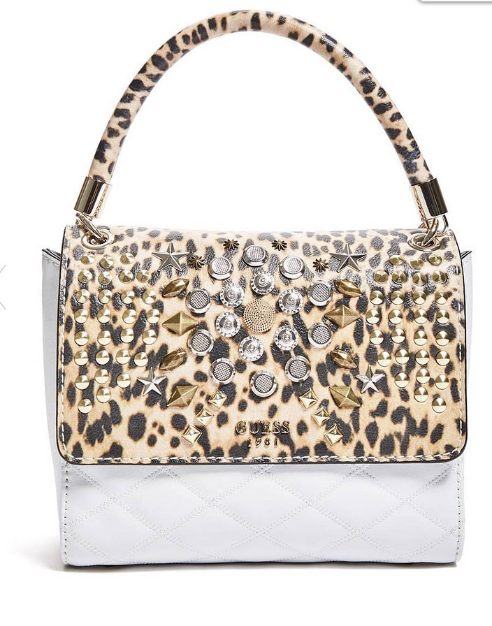 NWT Guess Leo Stud Flap Crossbody Handbag Animal print White Brown