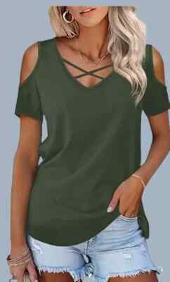 Womens Top Tshirt V-Neck Criss Cross Cold Shoulder  New, Chic & Comfy GREEN