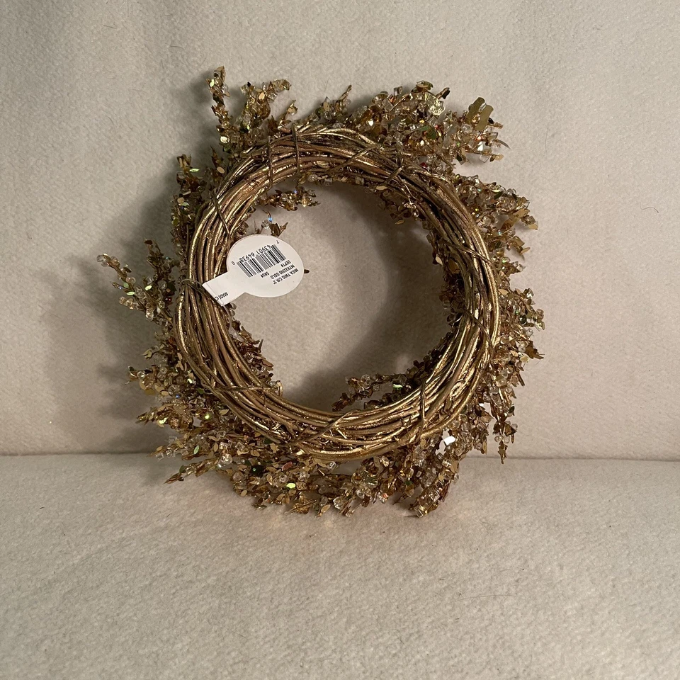 Holiday Decor Candle Ring Wreath Gold Wicker Wreath W/ Gold & Ice Crystals - Image 4 of 4