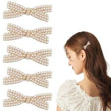 5-10Pcs Pearl Bow Hair Clips Duckbill Hair Claw Hair Pins for Little Girls Women