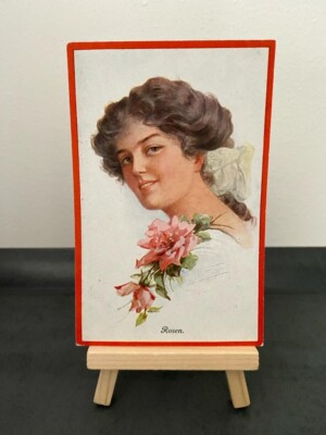 Vintage Postcard Woman, Red Border, Flowers, ''Roses'', Painted, Art, 1923