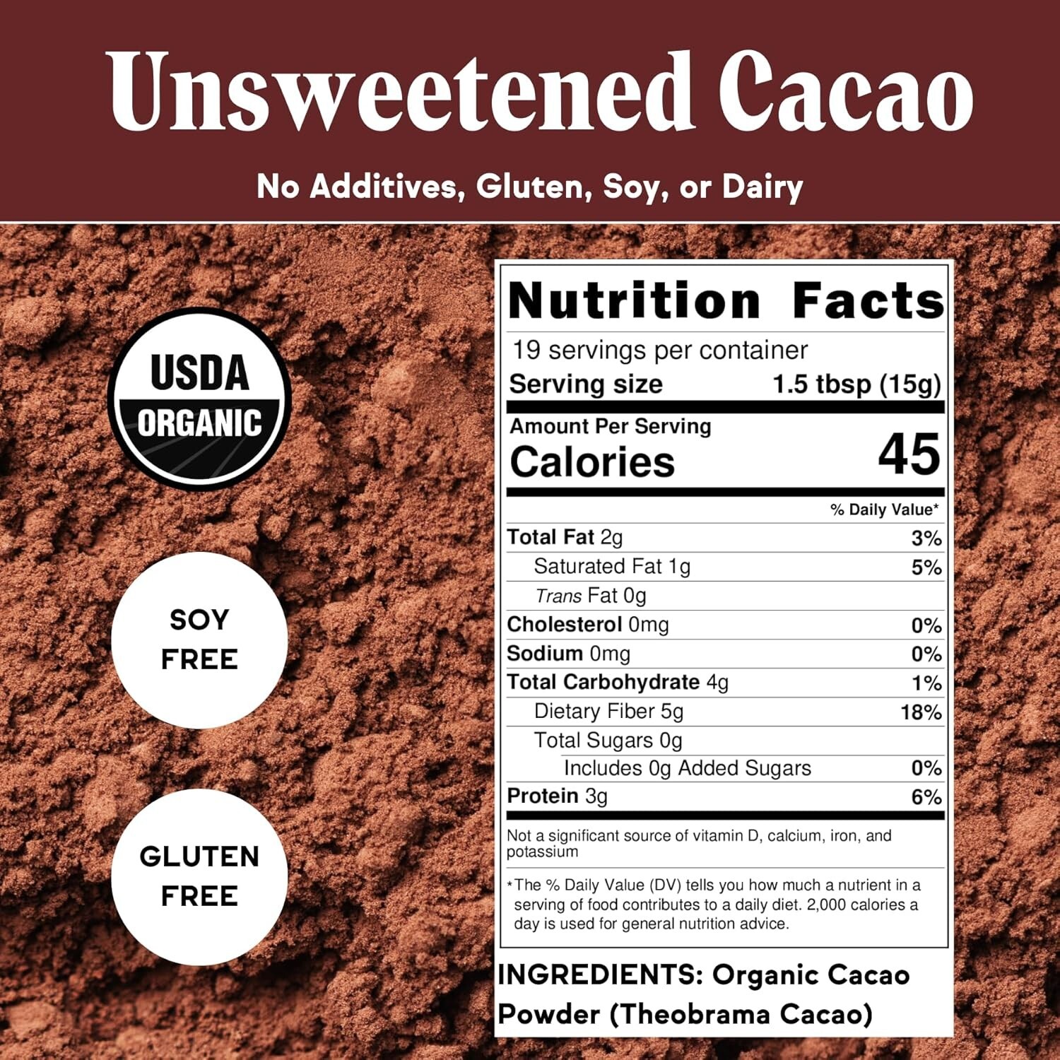 Organic Unsweetened Cacao Powder with Rich Dark Chocolate Flavor NEW