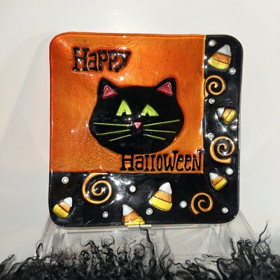 8'' x 8'' Glass Fusion Happy Halloween Cat and Candy Corn  Square Plate Platter