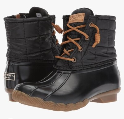 Sperry Women Saltwater Black Quilted Mid Calf Duck Toe LaceUp Rain Boots Size 10